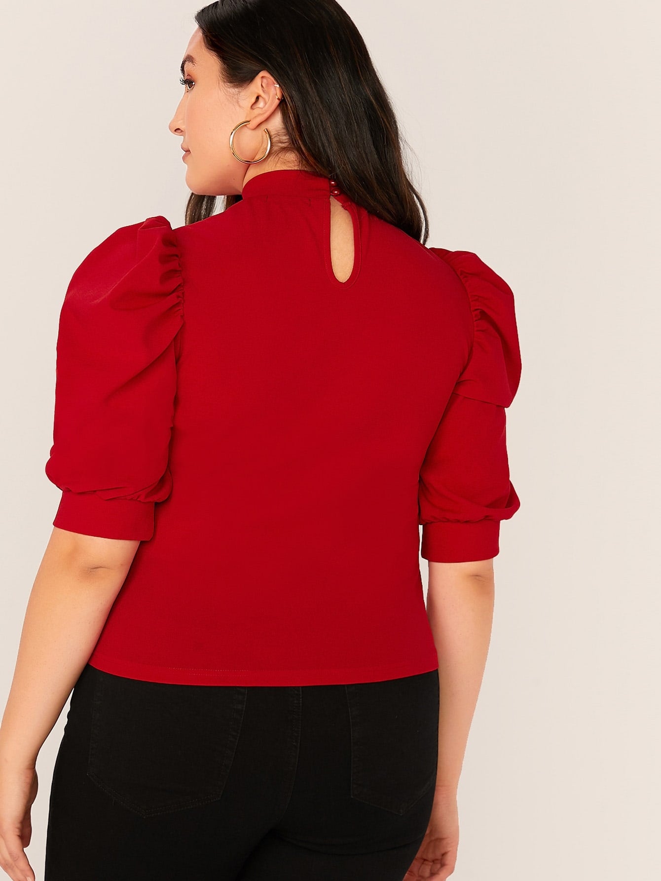 Plus Mock-neck Puff Sleeve Solid Top