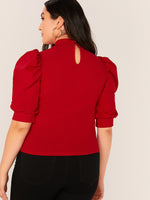 Plus Mock-neck Puff Sleeve Solid Top