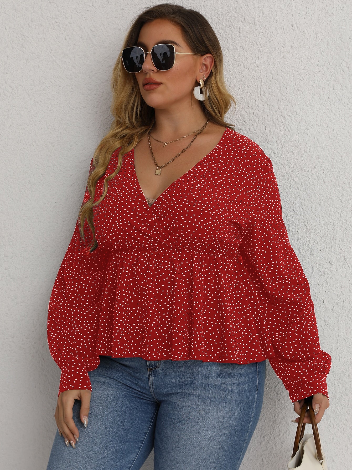 Plus Polka Dot Print Lantern Sleeve Peplum Top