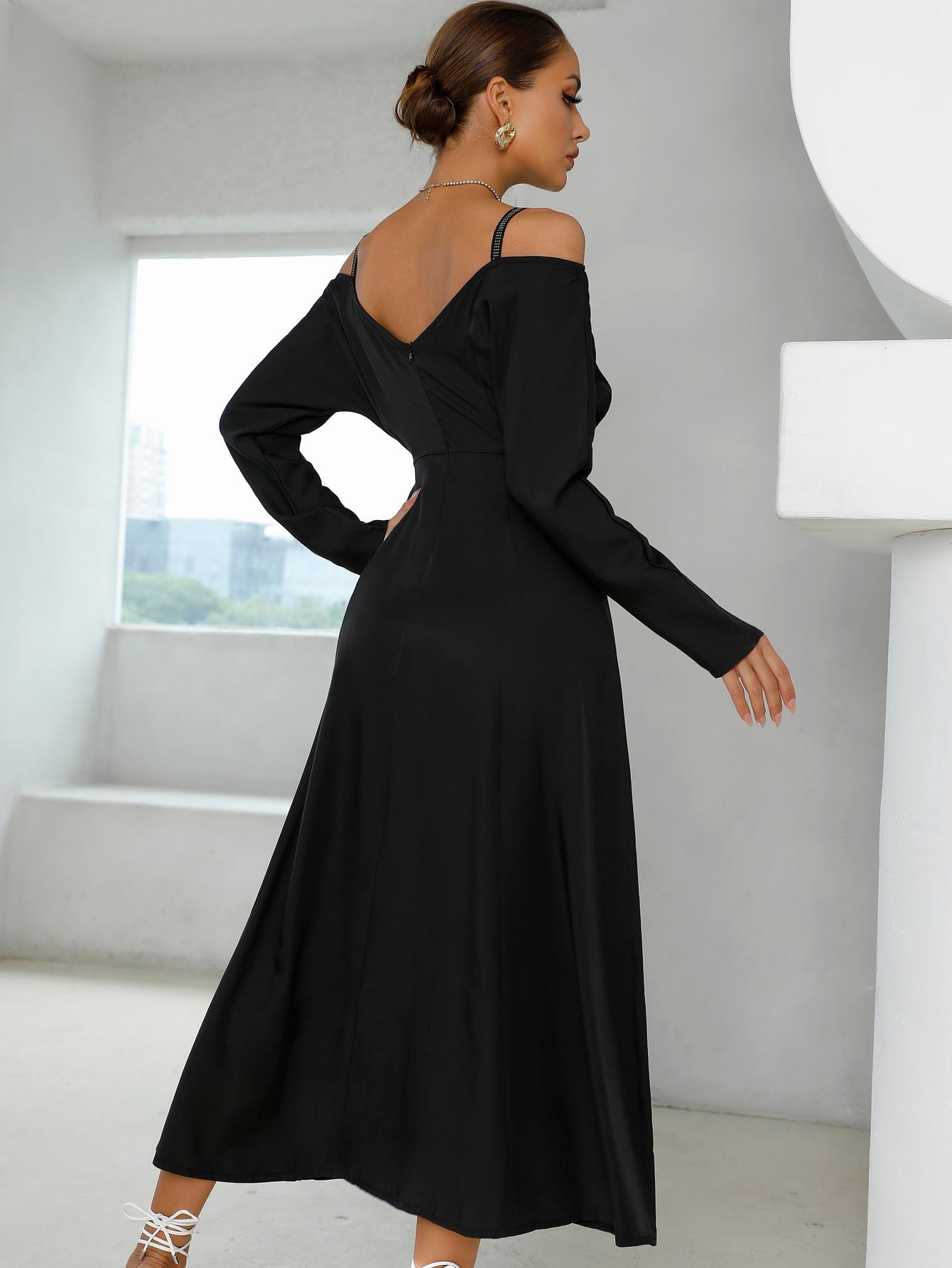 Cold Shoulder Dolman Sleeve Plicated Detail Belted Dress