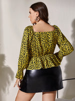 Plus Leopard Ruffle Drawstring Blouse