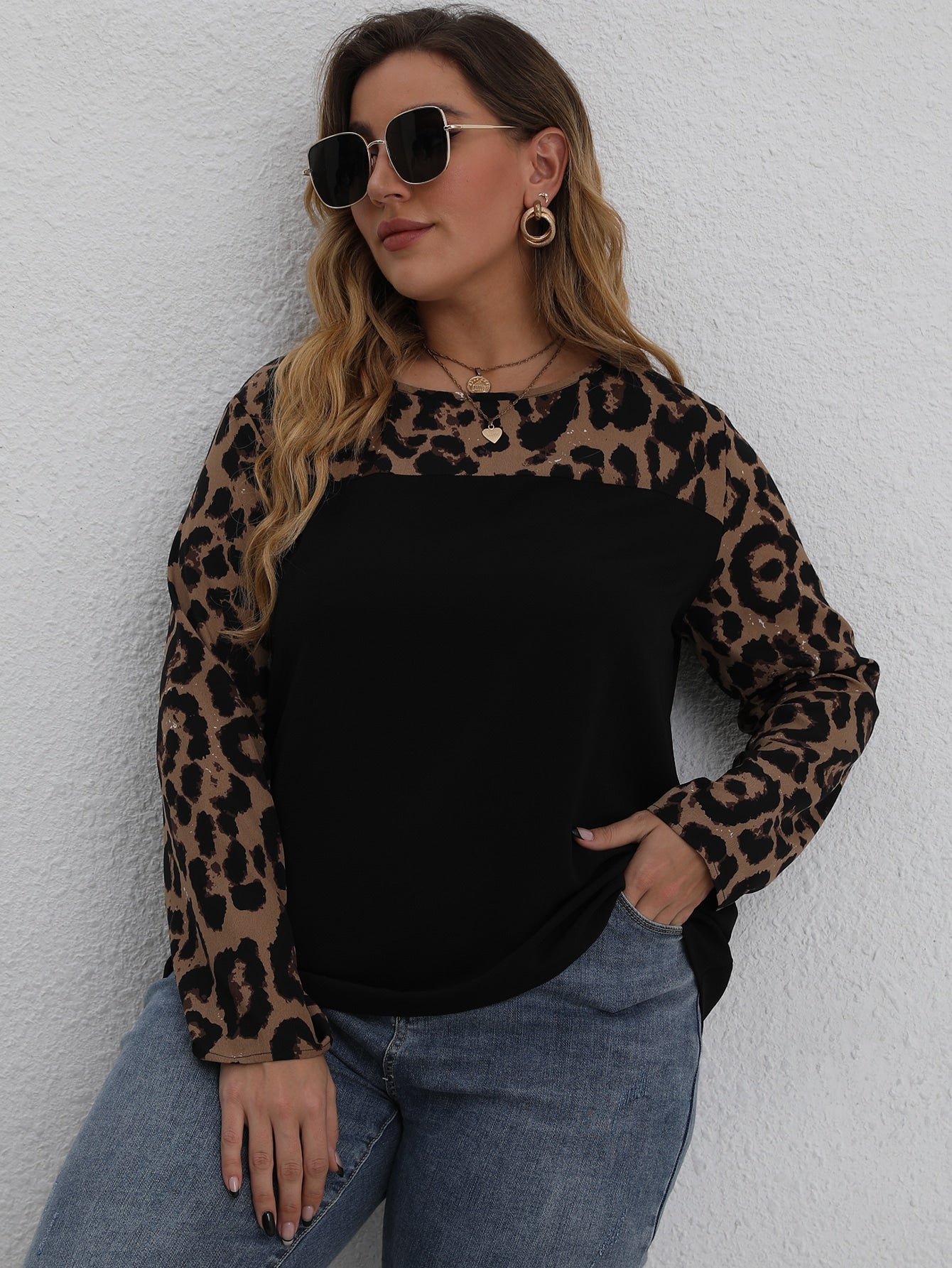 Plus Leopard Panel Blouse