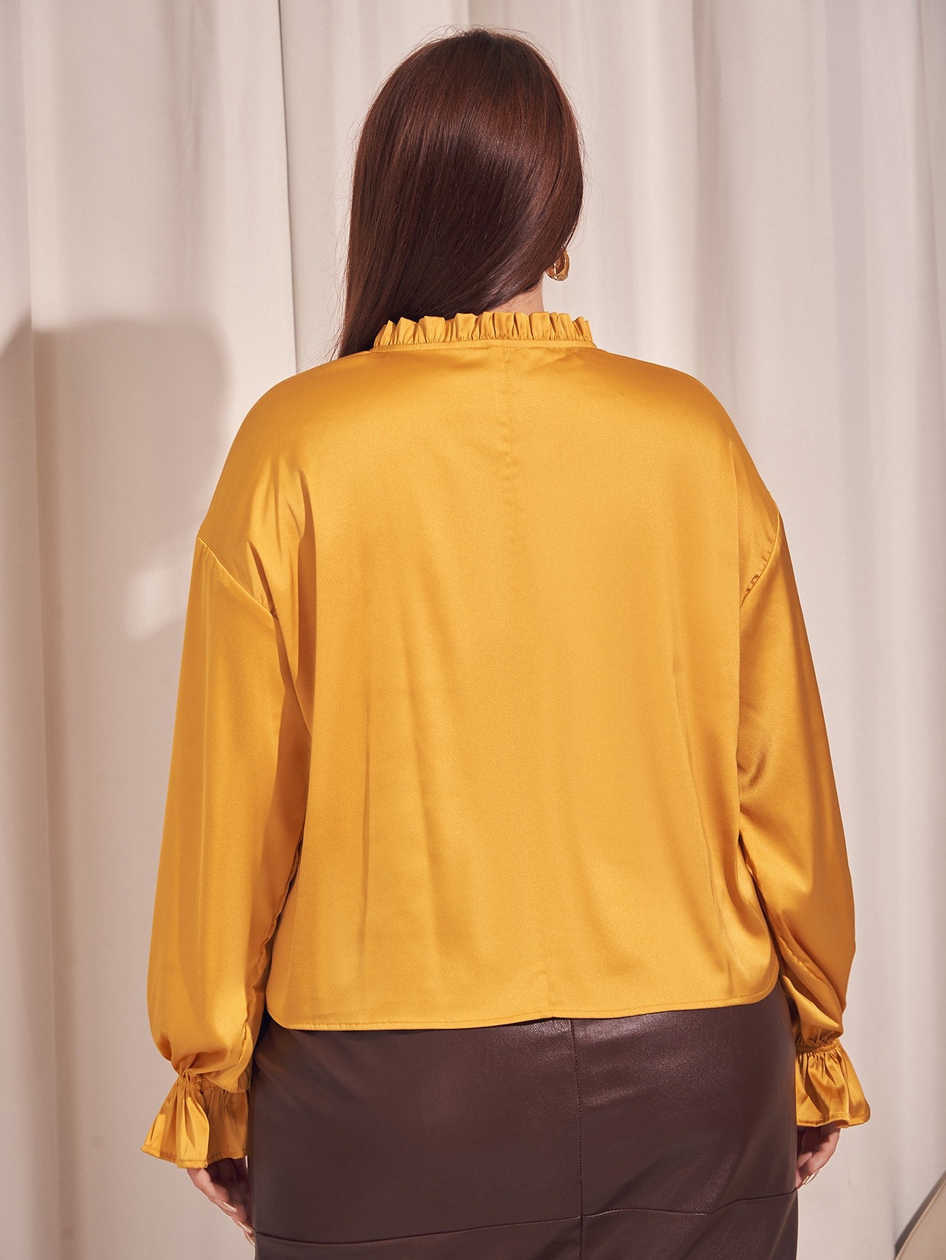 Plus Frill Trim Flounce Sleeve Tie Neck Satin Blouse