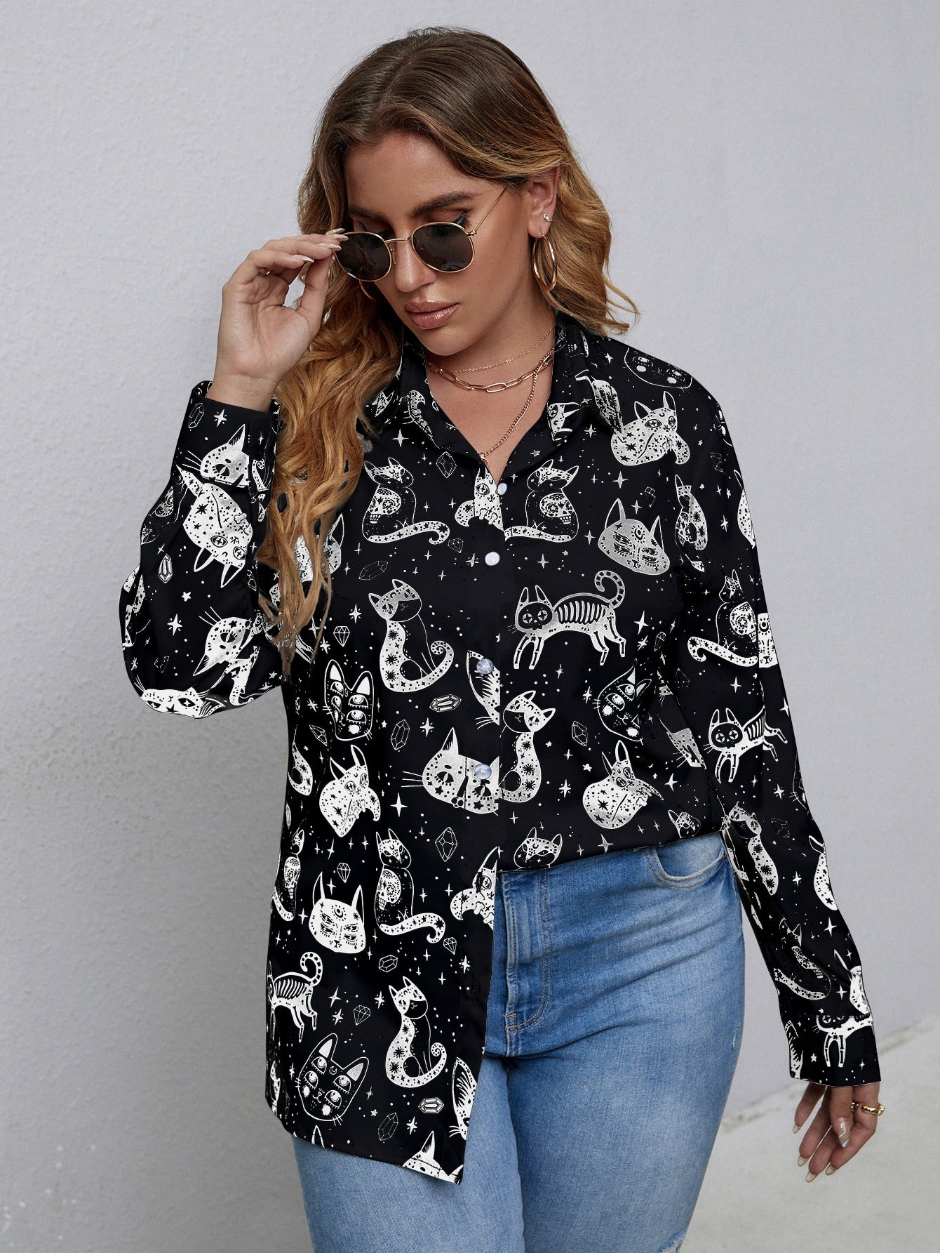 Plus Allover Cat Print Button Front Blouse