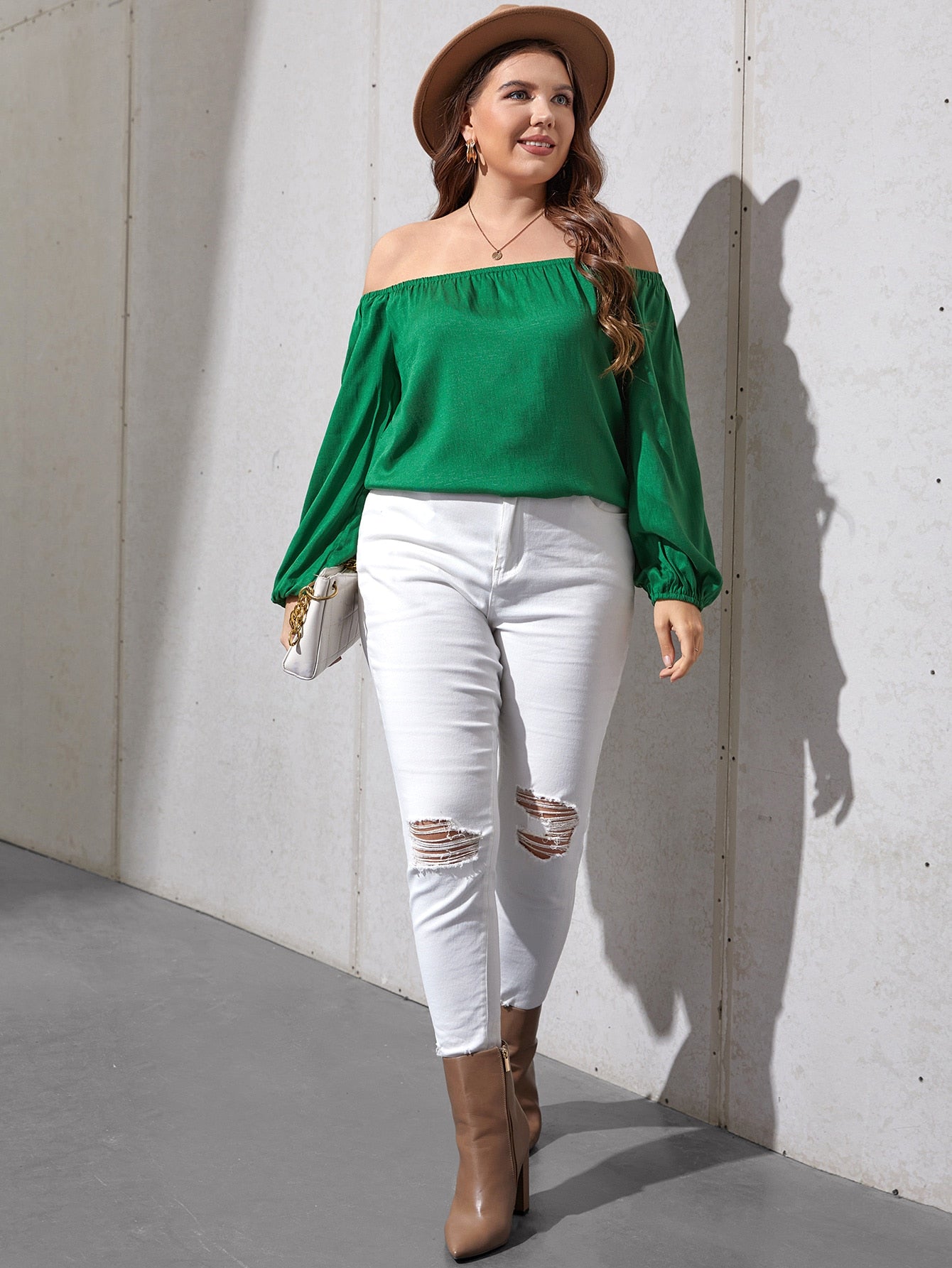 Plus Off Shoulder Bishop Sleeve Blouse