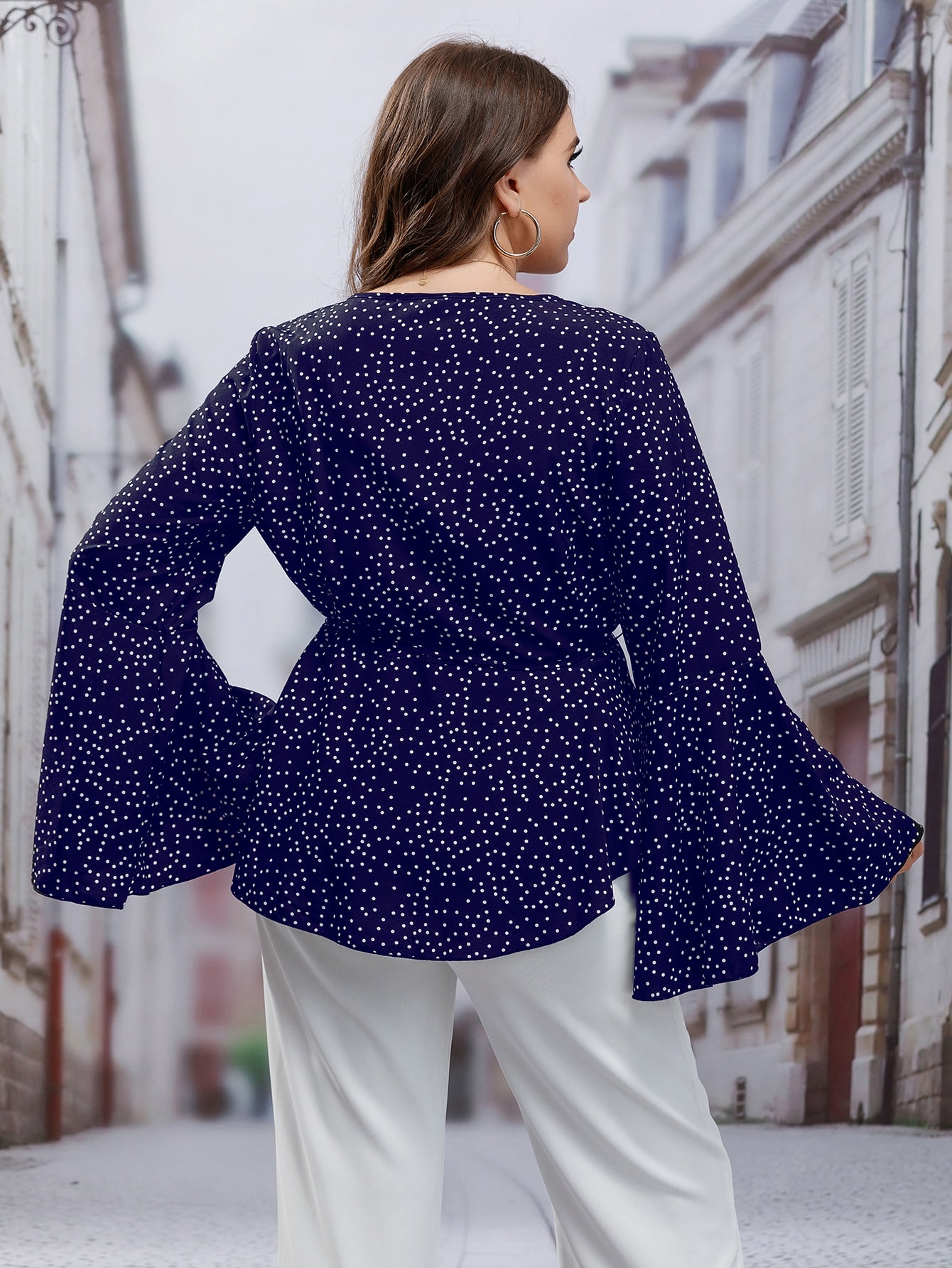 Plus Polka Dot Print Flounce Sleeve Belted Blouse