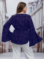 Plus Polka Dot Print Flounce Sleeve Belted Blouse