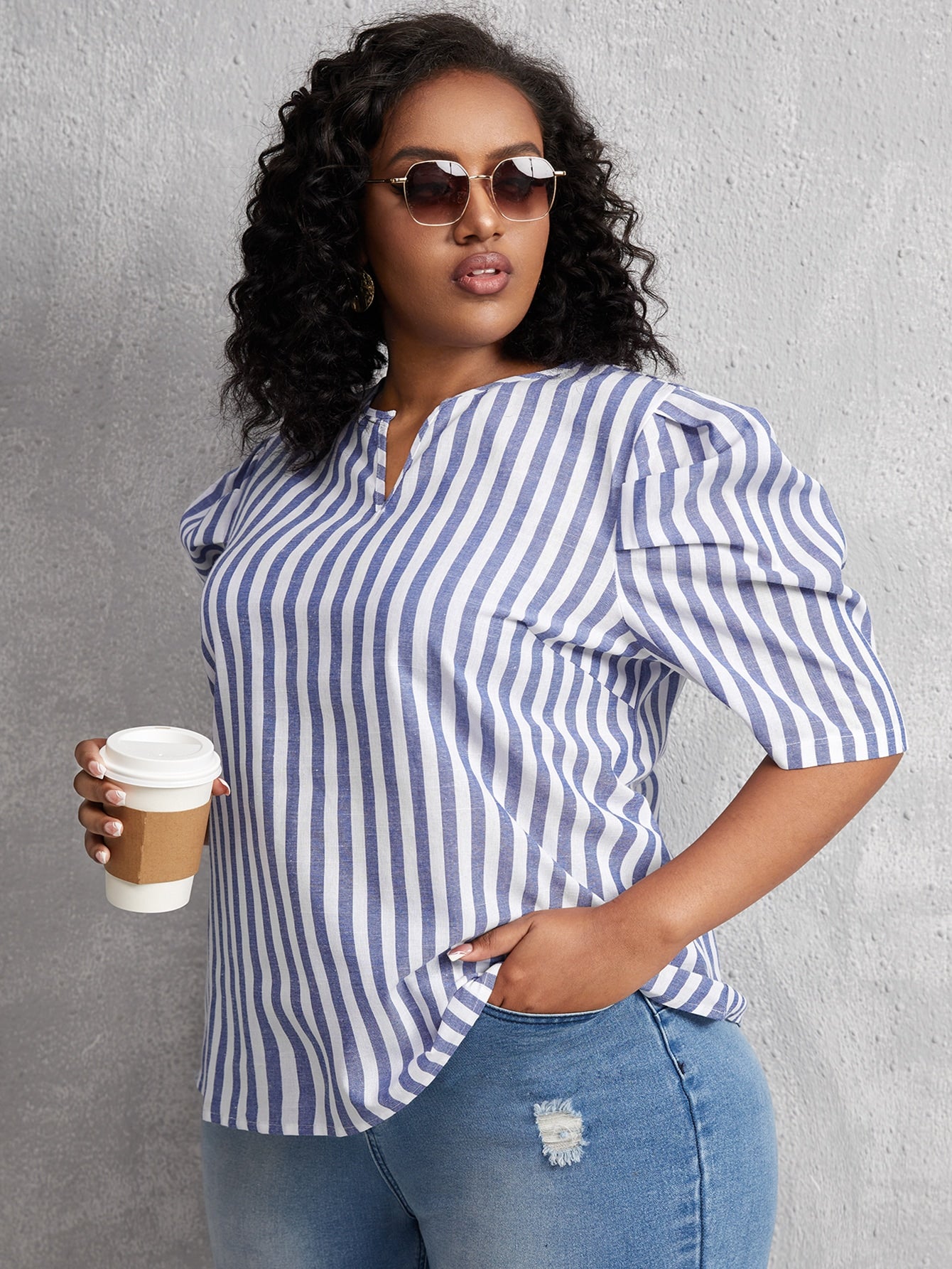Plus Striped Puff Sleeve V Wired Blouse
