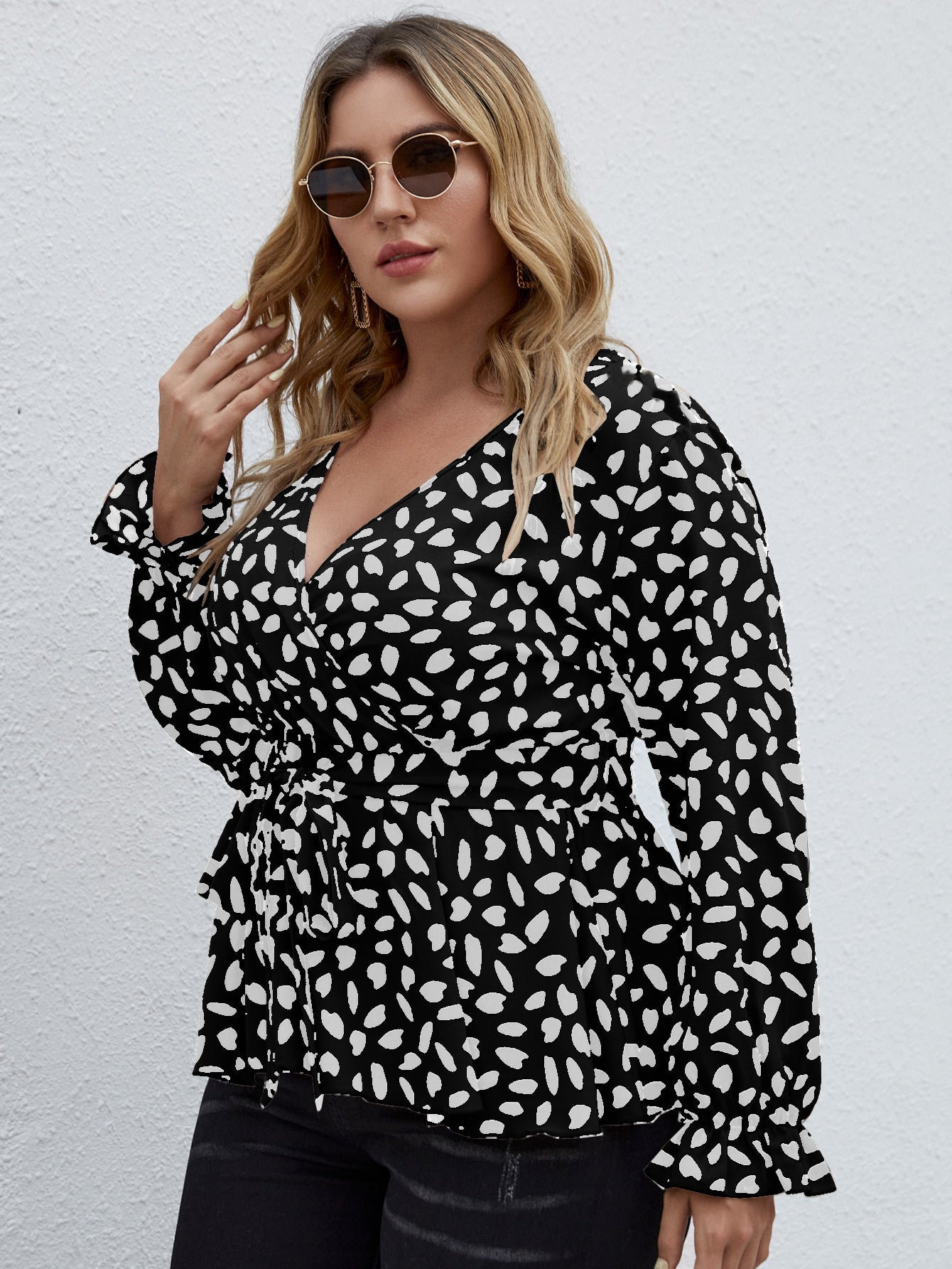 Plus Surplice Plunging Neck Belted Peplum Blouse