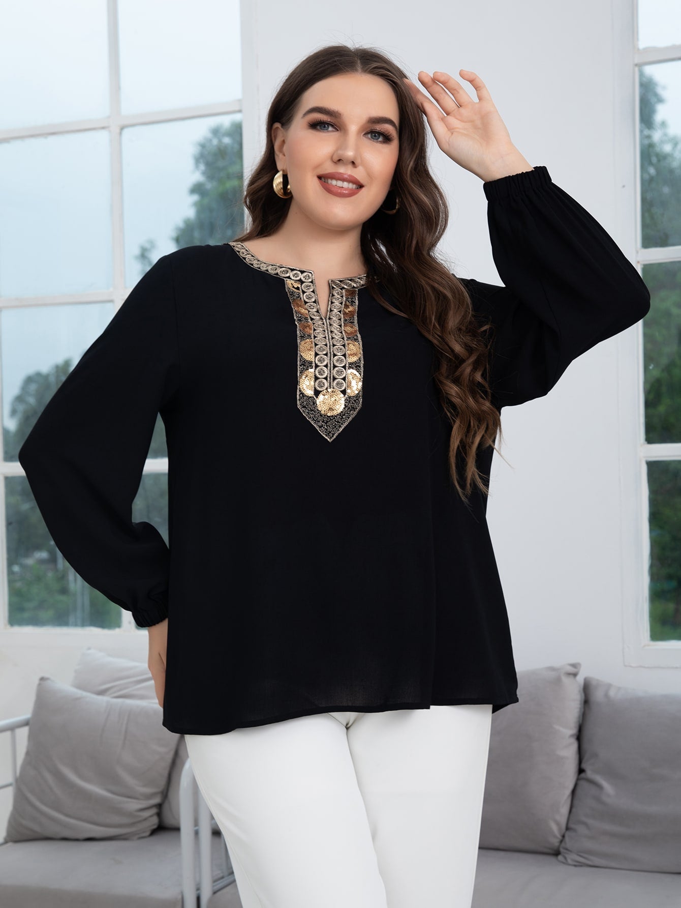 Plus Sequin Detail Notched Neck Blouse