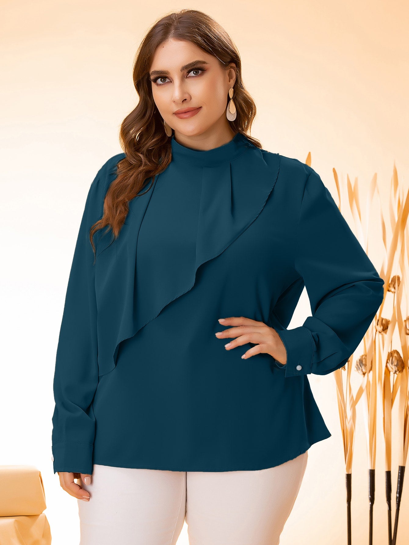 Plus Keyhole Back Mock Neck Overlay Blouse