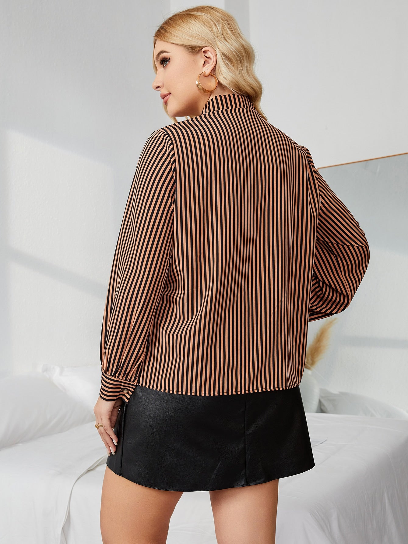 Plus Striped Print Tie Neck Blouse