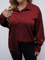 Plus Solid Bishop Sleeve Collared Button Up Blouse