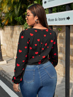 Plus Heart Print Lantern Sleeve Knot Side Crop Blouse
