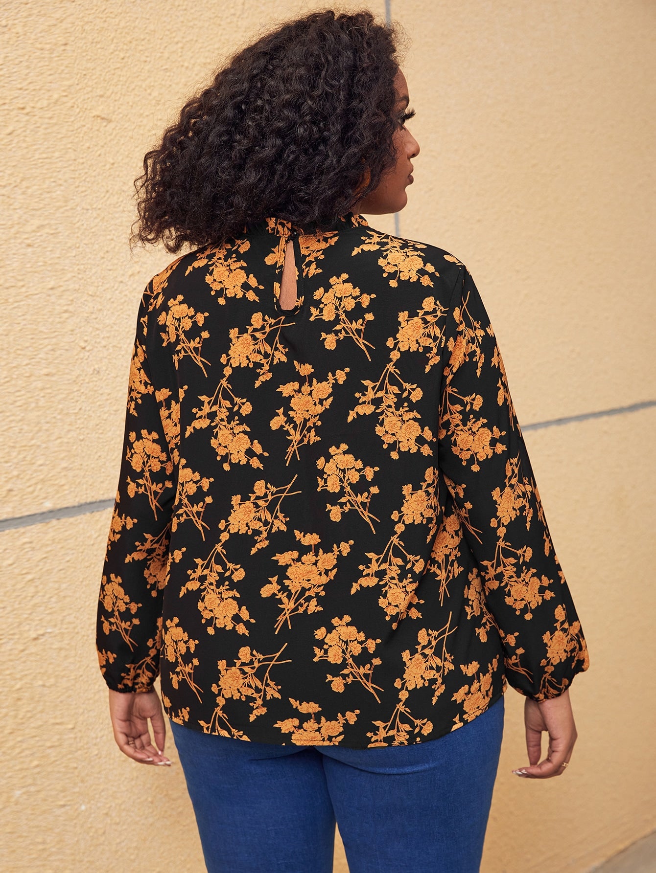 Plus Allover Floral Print Bishop Sleeve Frilled Neck Blouse