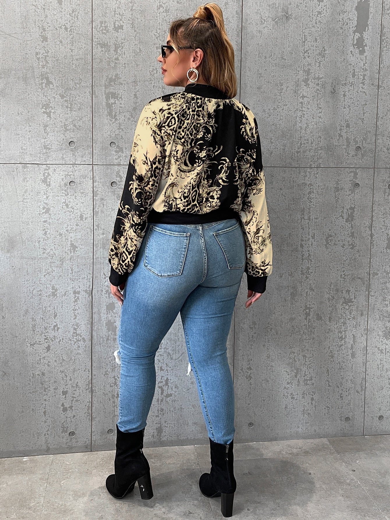 Plus Leopard & Baroque Print Ruched Mock Neck Blouse
