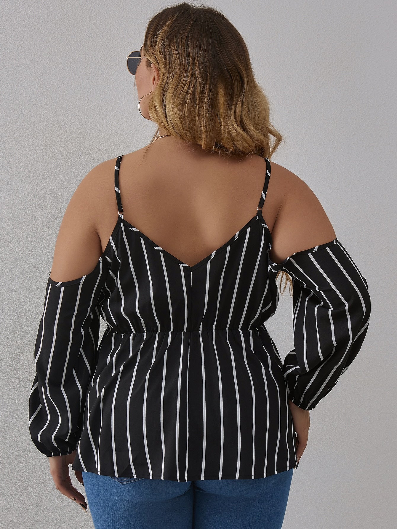 Plus Vertical Striped Cold Shoulder Ruffle Trim Peplum Blouse