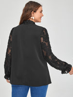 Plus Fuzzy Flounce Sleeve Tie Neck Blouse