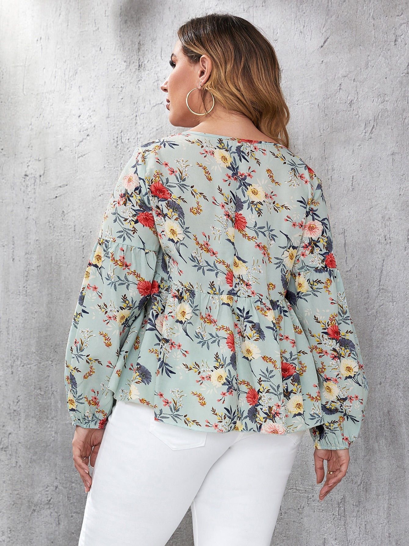 Plus Floral Print Tie Front Lantern Sleeve Peplum Hem Blouse