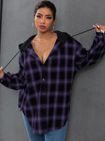 Plus Plaid Drawstring Hooded Blouse