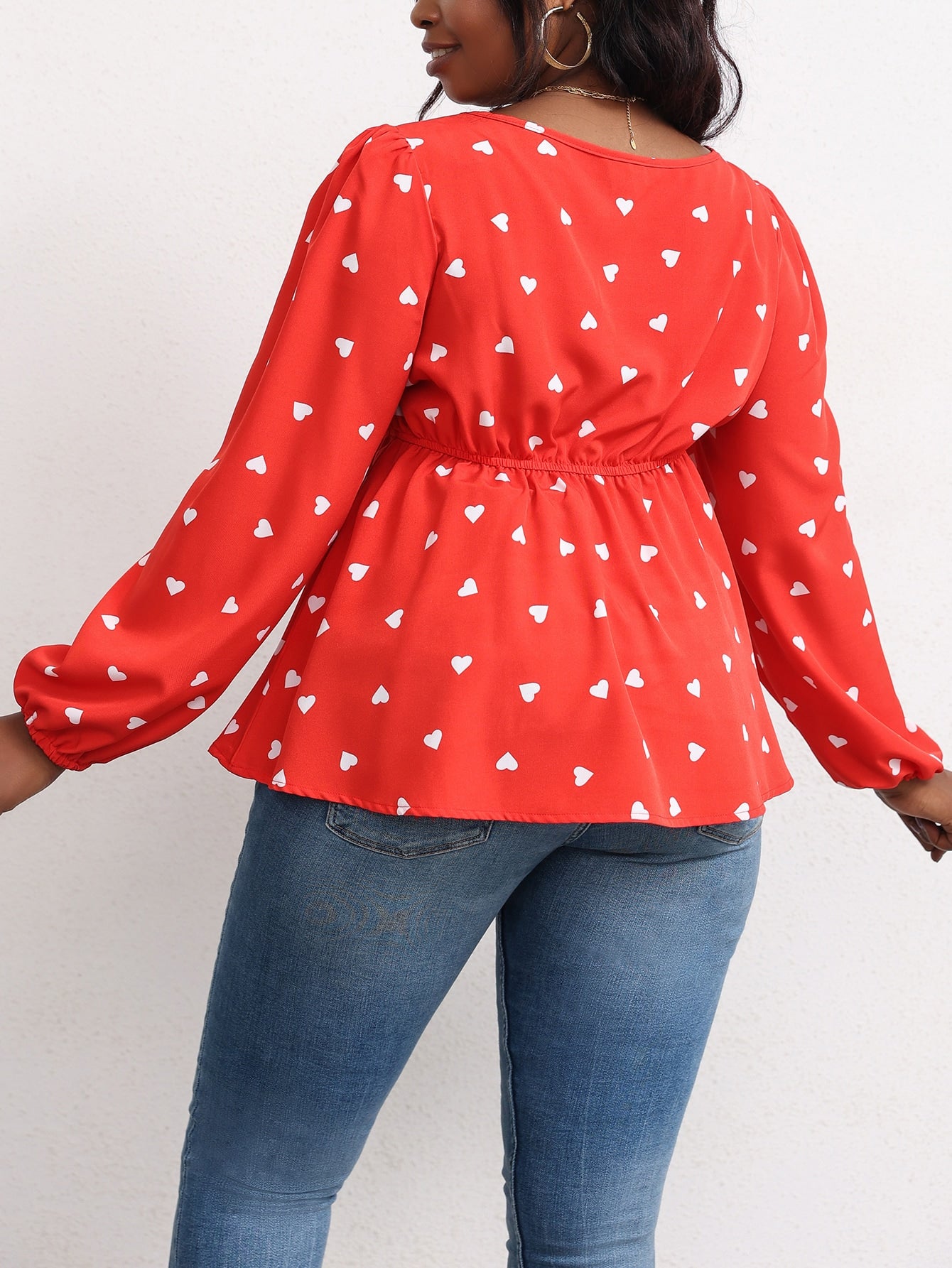 Plus Heart Print Square Neck Peplum Blouse
