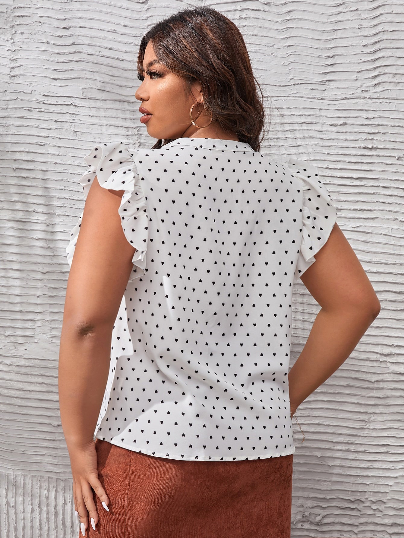 Plus Heart Print Notched Neckline Ruffle Trim Blouse