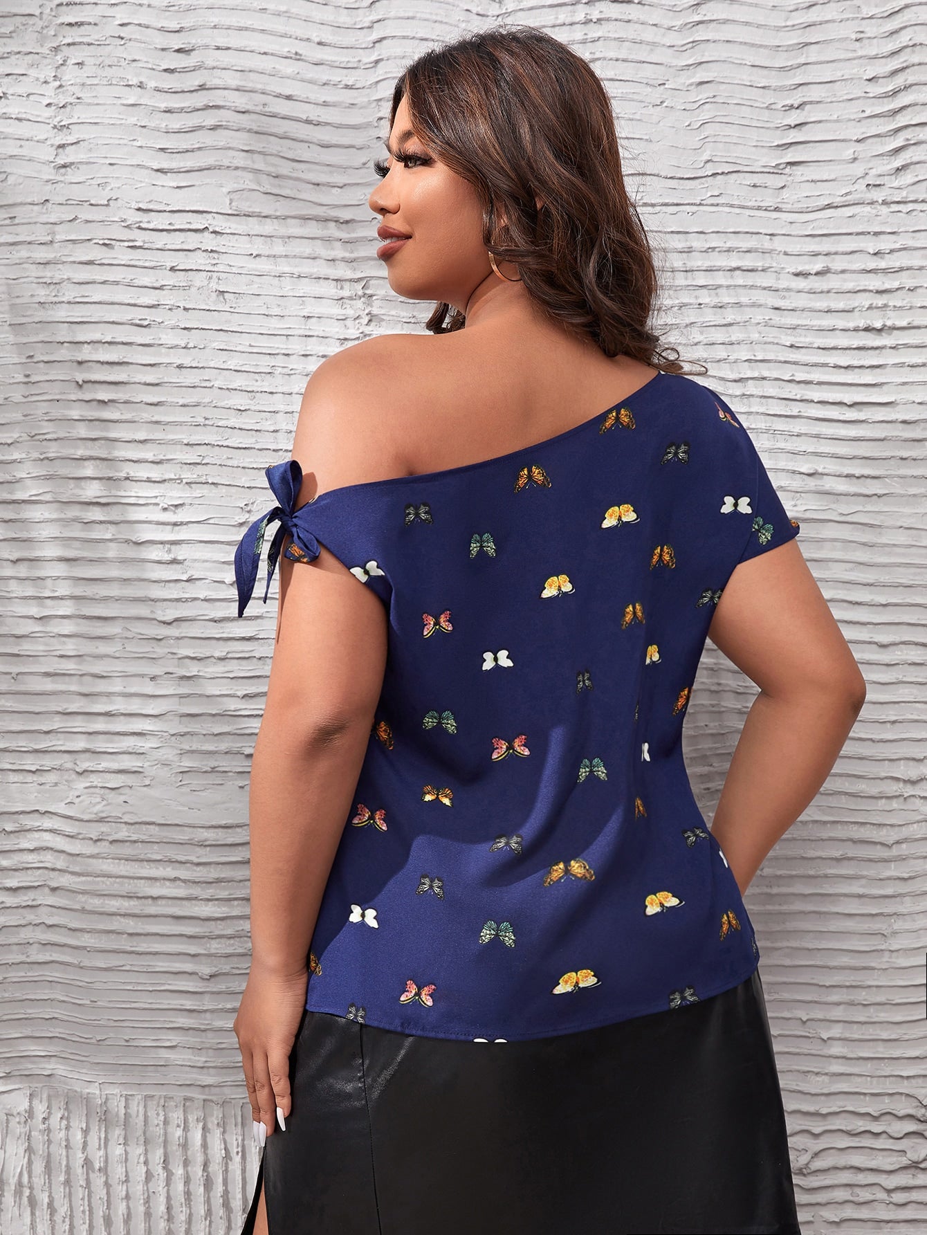 Plus Butterfly Print Asymmetrical Neck Blouse