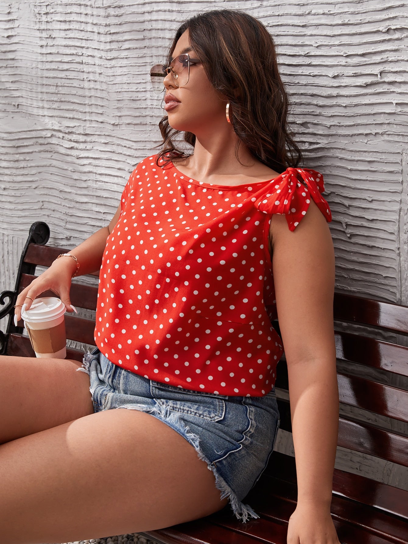 Plus Polka Dot Knot Side Asymmetrical Neck Blouse