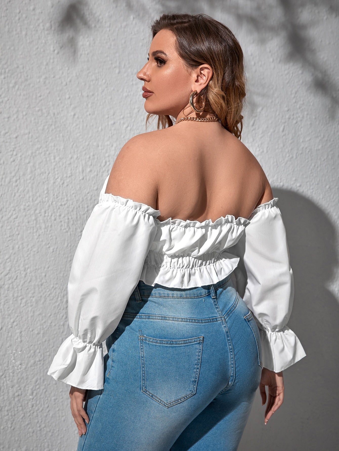 Plus Off Shoulder Flounce Sleeve Frilled Top