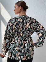 Plus Plant Print Flounce Sleeve Peplum Blouse