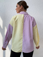 Plus Striped Print Drop Shoulder Colorblock Blouse