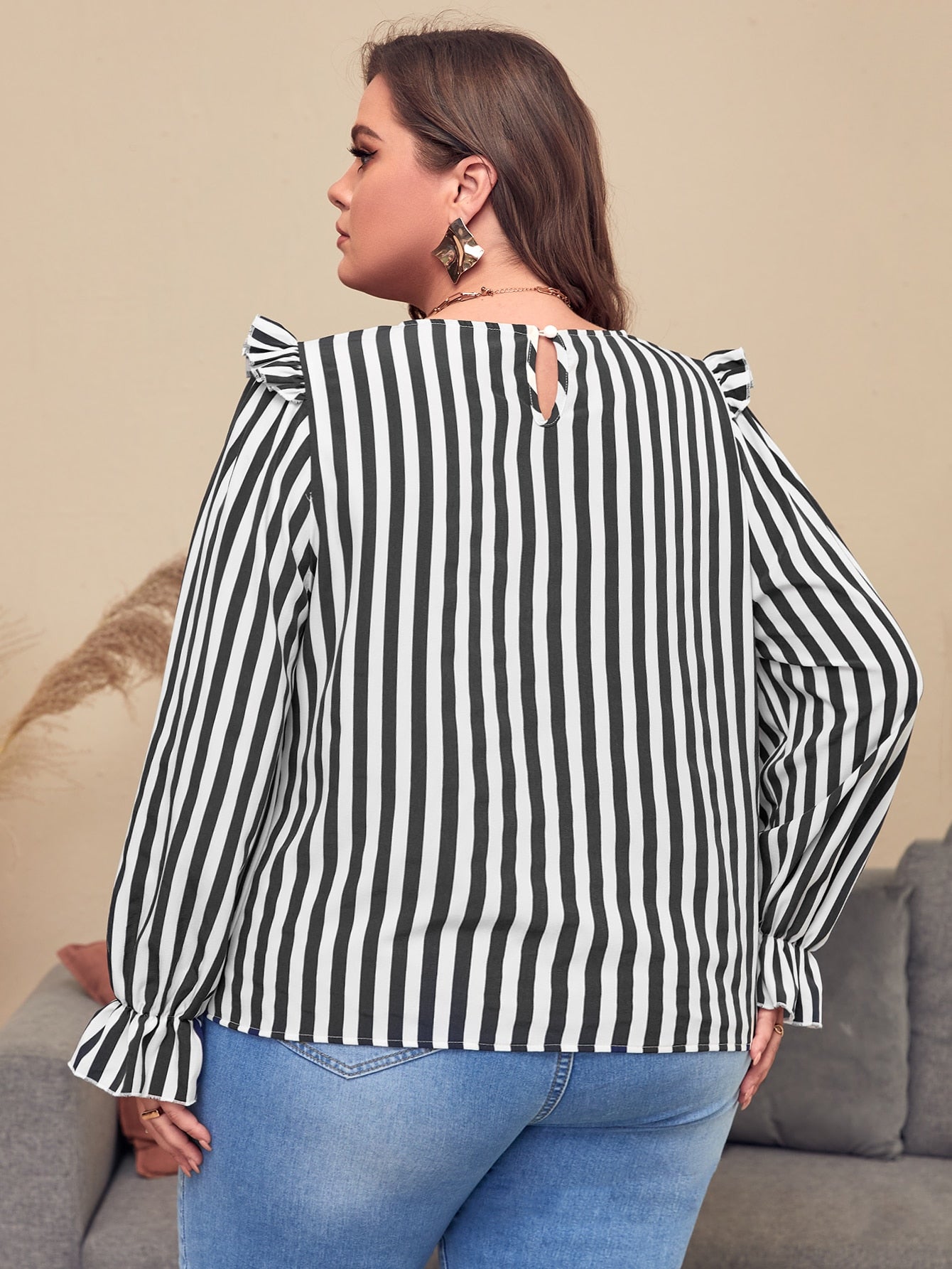 Plus Striped Flounce Sleeve Ruffle Trim Blouse