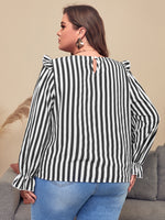 Plus Striped Flounce Sleeve Ruffle Trim Blouse