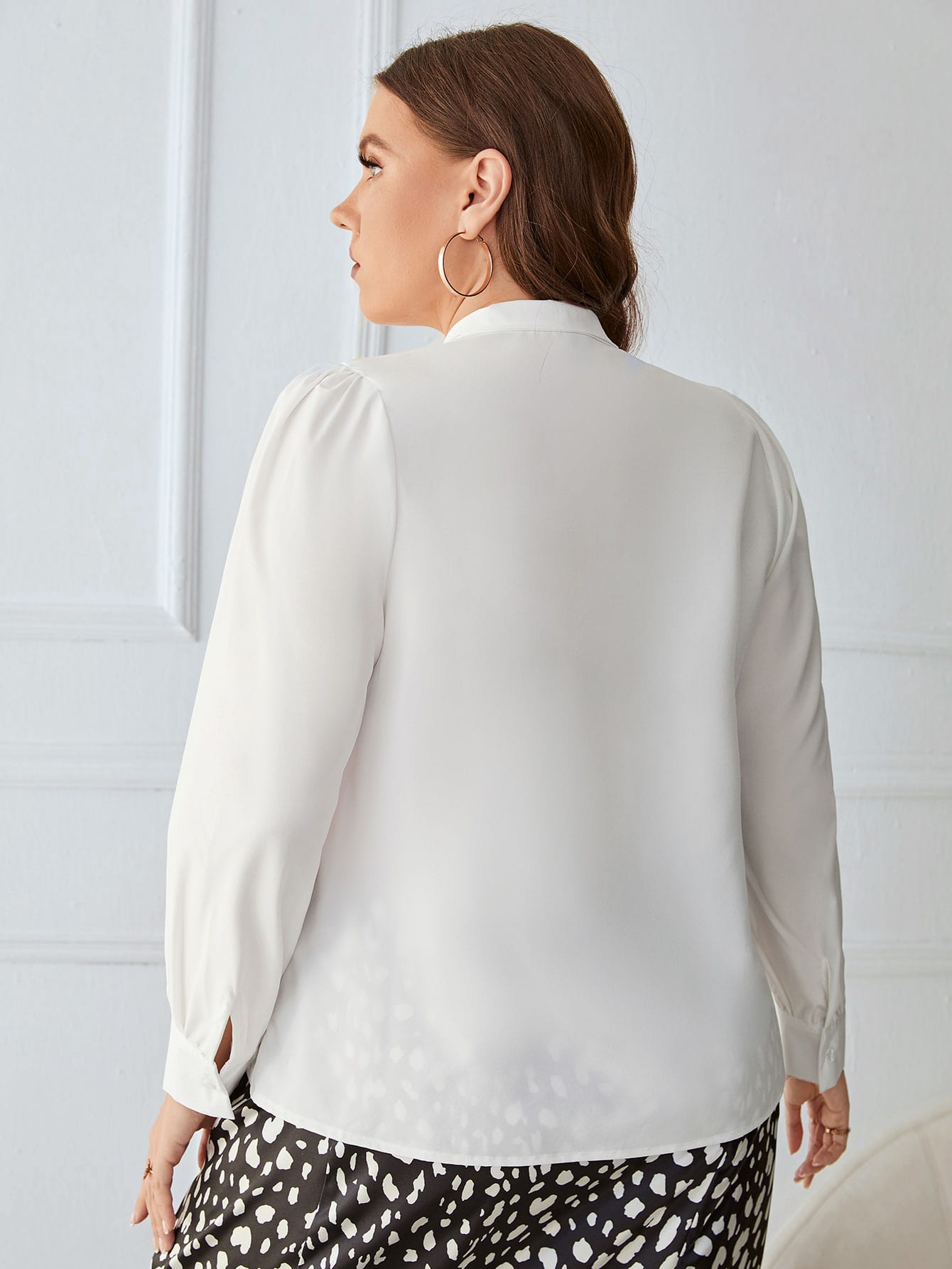 Plus Tie Neck Solid Blouse