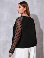 Plus Notched Neck Contrast Dobby Mesh Raglan Sleeve Blouse