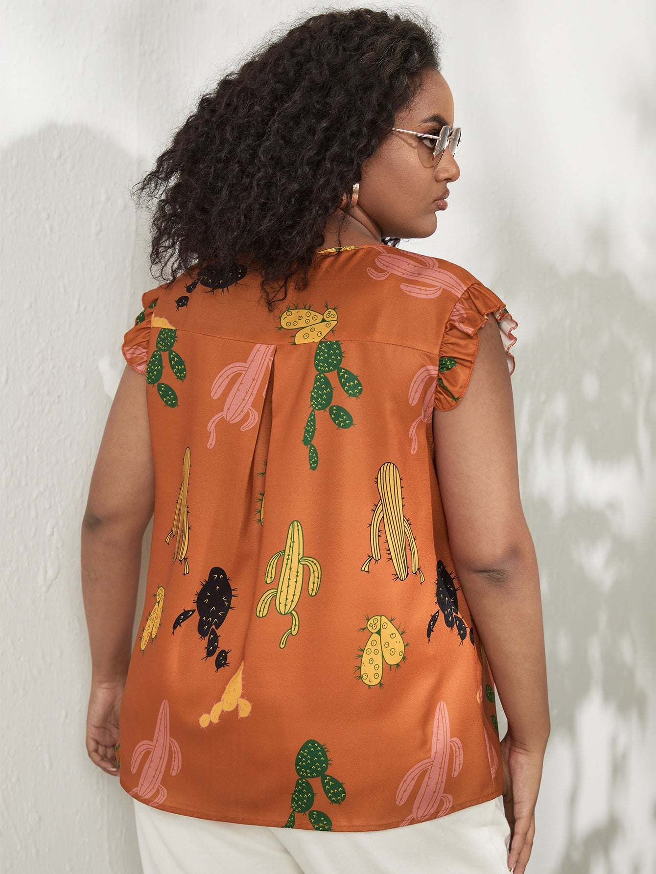 Plus Cactus Print Ruffle Trim Blouse