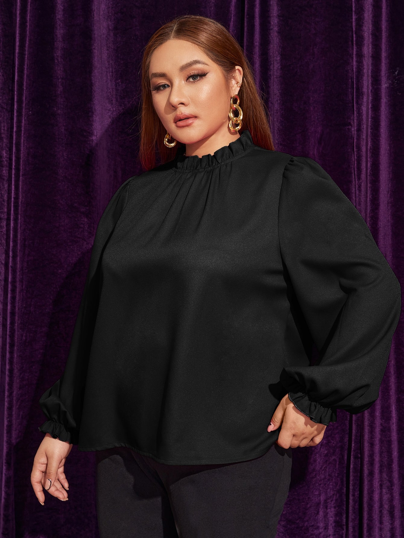 Plus Flounce Sleeve Frilled Neck Blouse