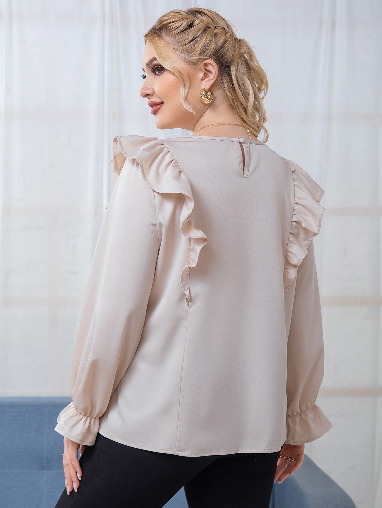 Plus Flounce Sleeve Ruffle Trim Blouse