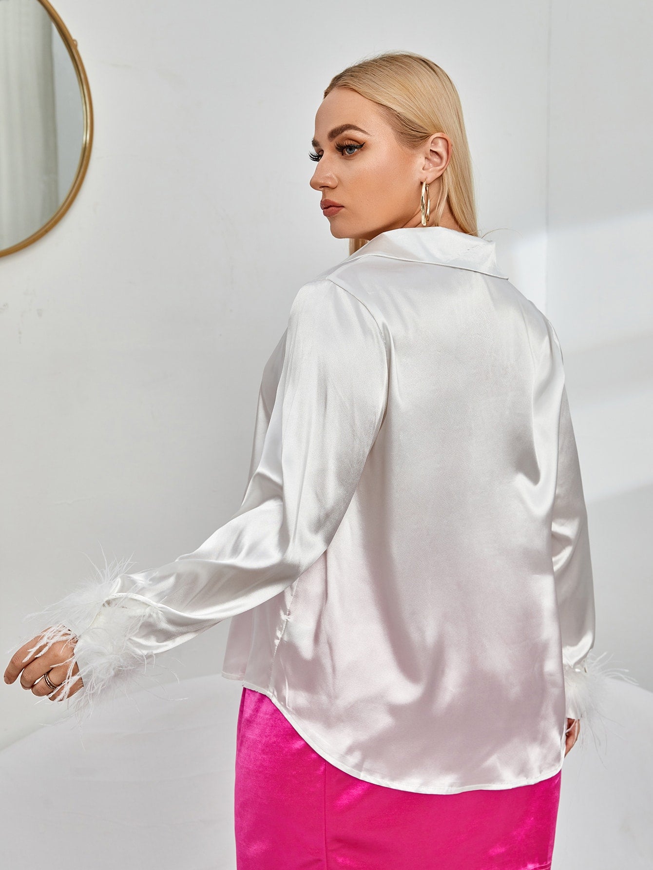 Plus Fuzzy Cuff Satin Blouse
