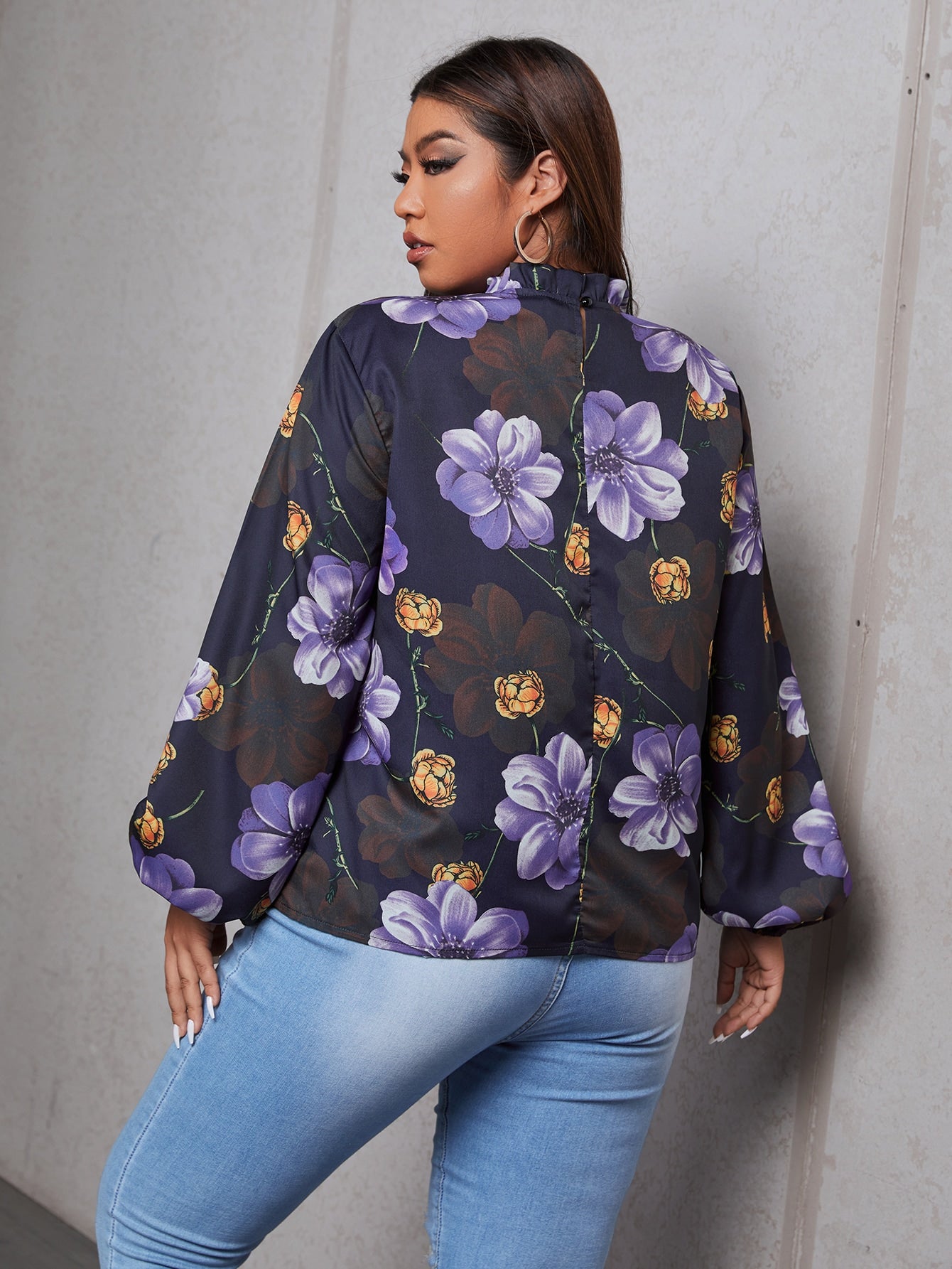 Plus Floral Print Ruffle Neck Bishop Sleeve Blouse