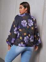 Plus Floral Print Ruffle Neck Bishop Sleeve Blouse