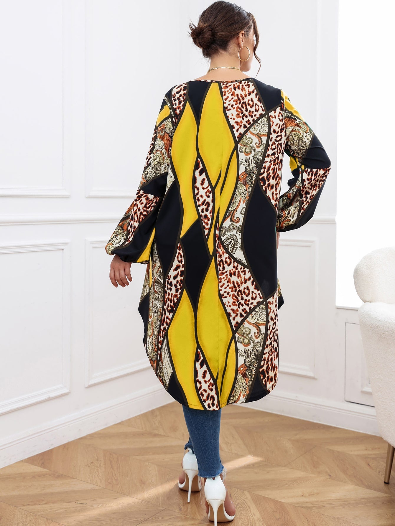 Plus Leopard & Paisley Print Colorblock Lantern Sleeve High Low Hem Blouse