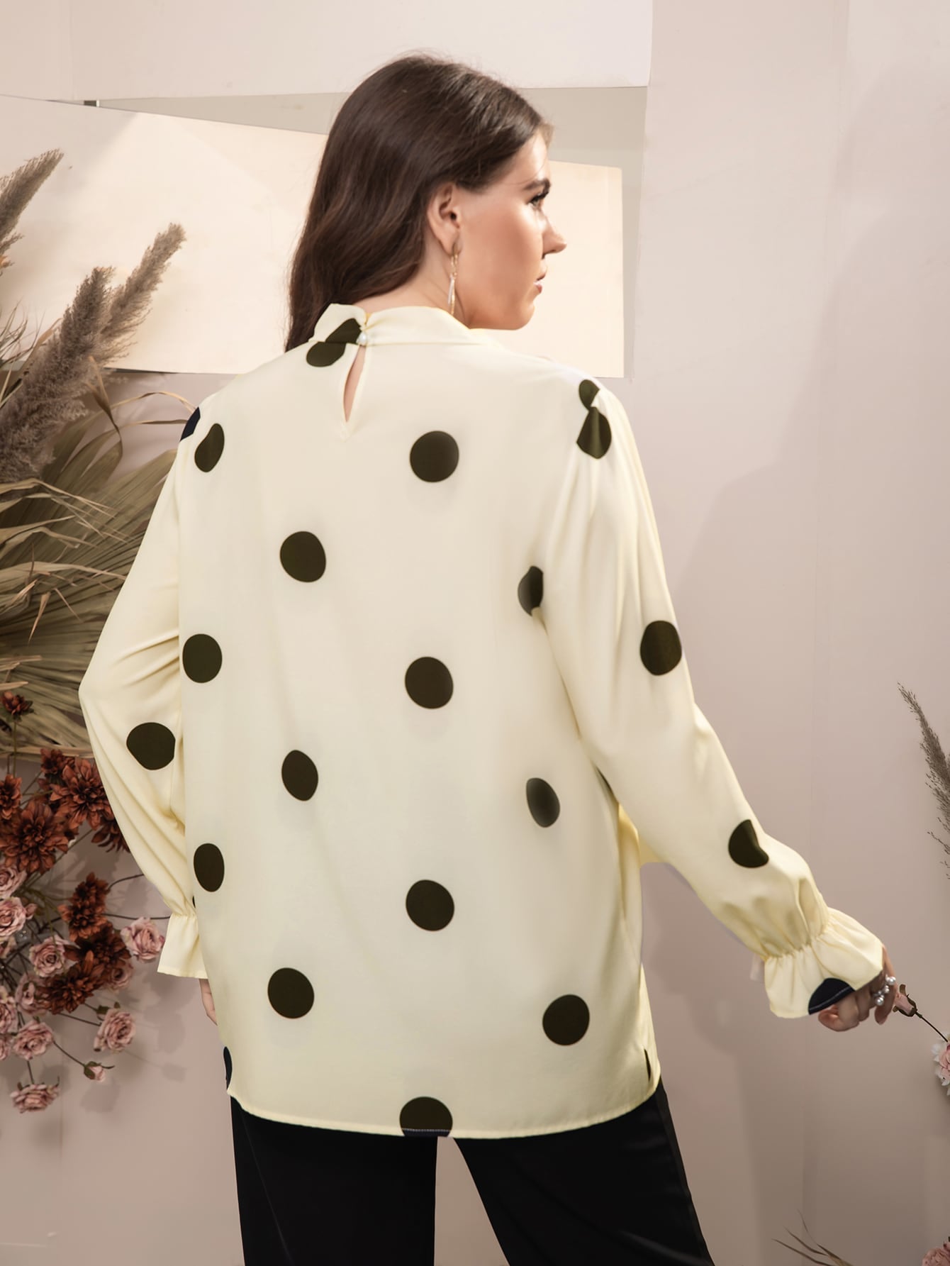 Plus Polka Dot Flounce Sleeve Tie Neck Blouse