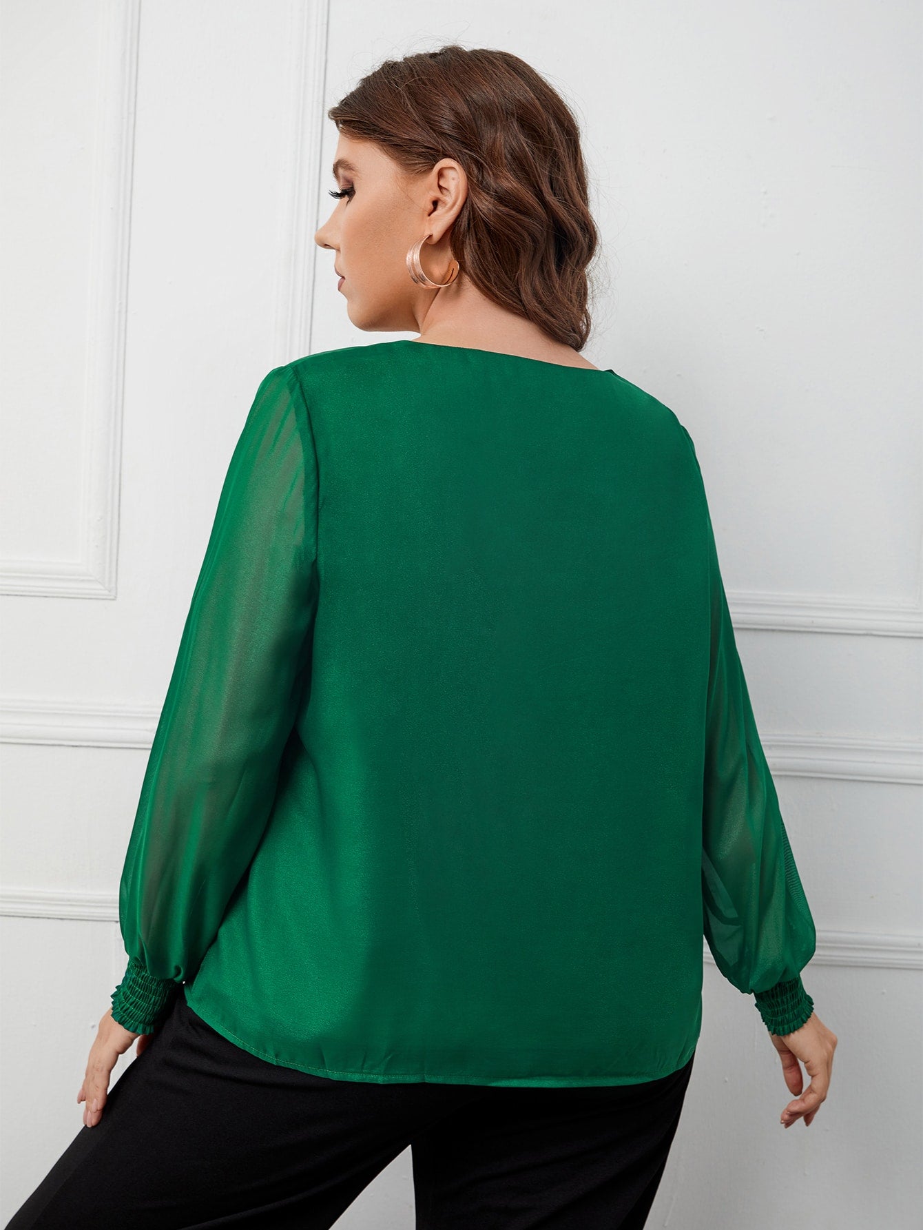 Plus Shirred Cuff Lantern Sleeve Chiffon Blouse