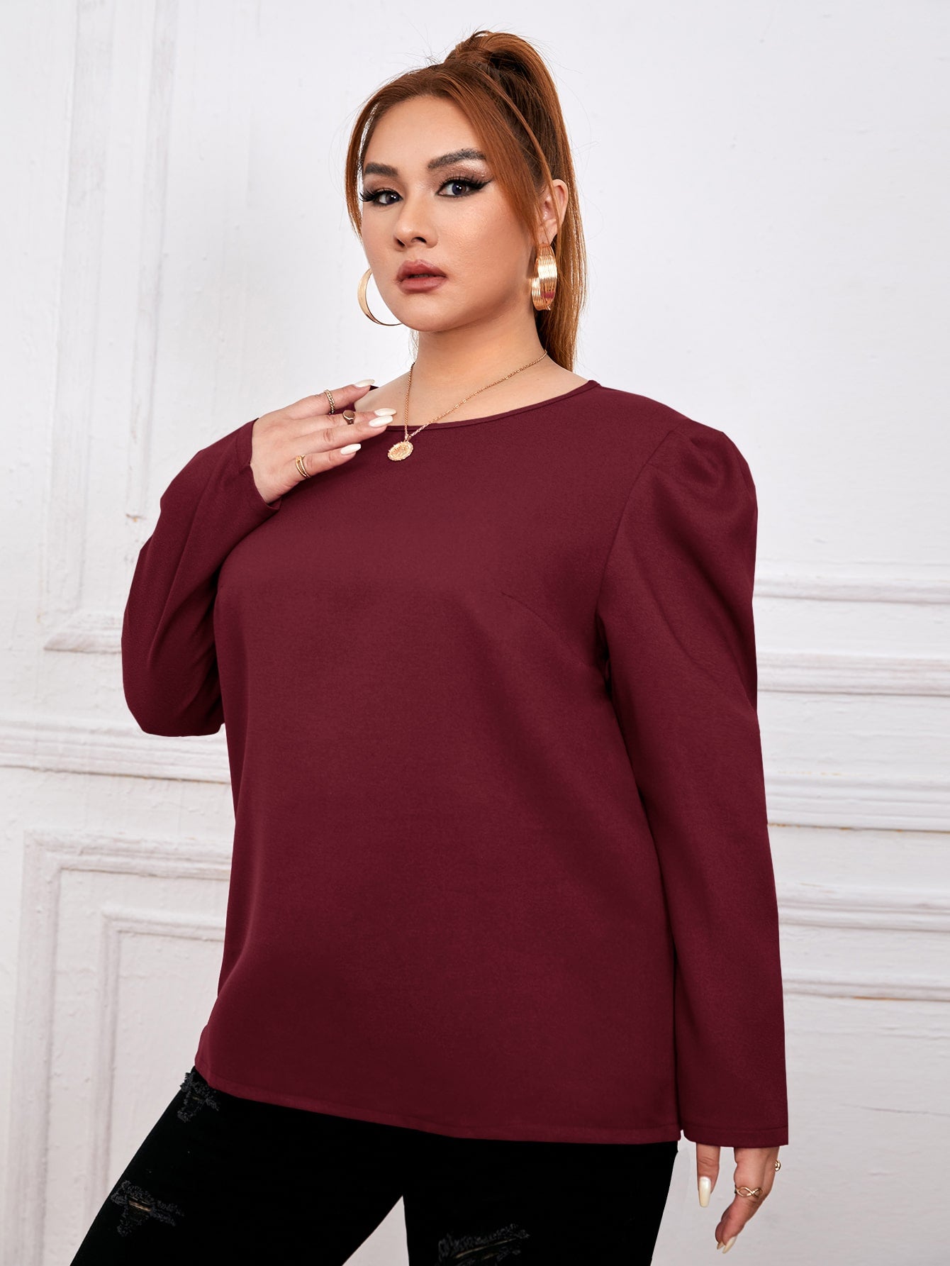 Plus Gigot Sleeve Tie Back Blouse