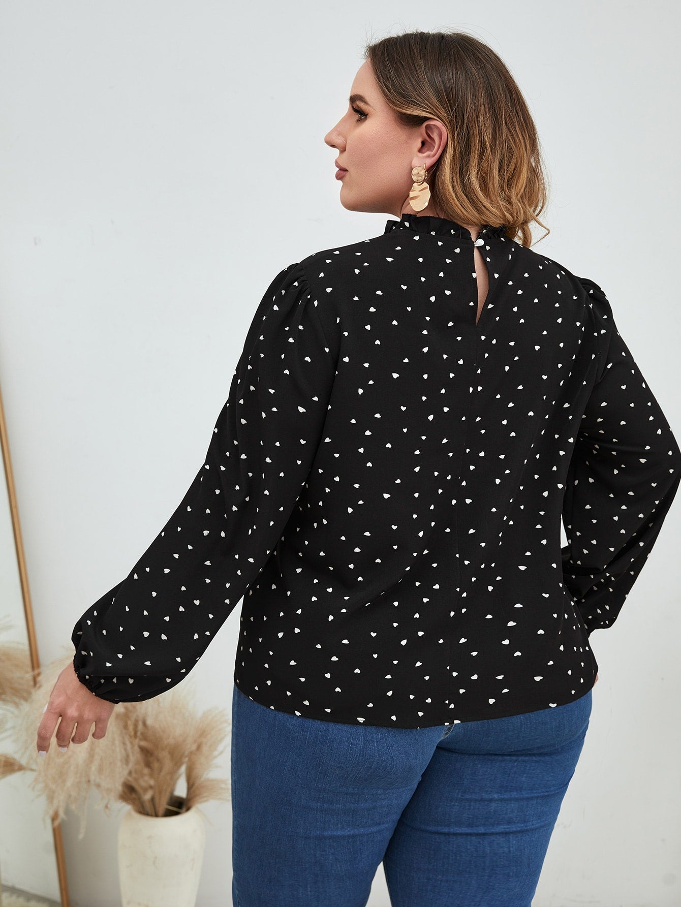 Plus Confetti Heart Print Bishop Sleeve Frilled Neck Blouse