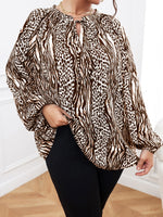 Plus Zebra Striped & Leopard Print Lantern Sleeve Tie Neck Blouse