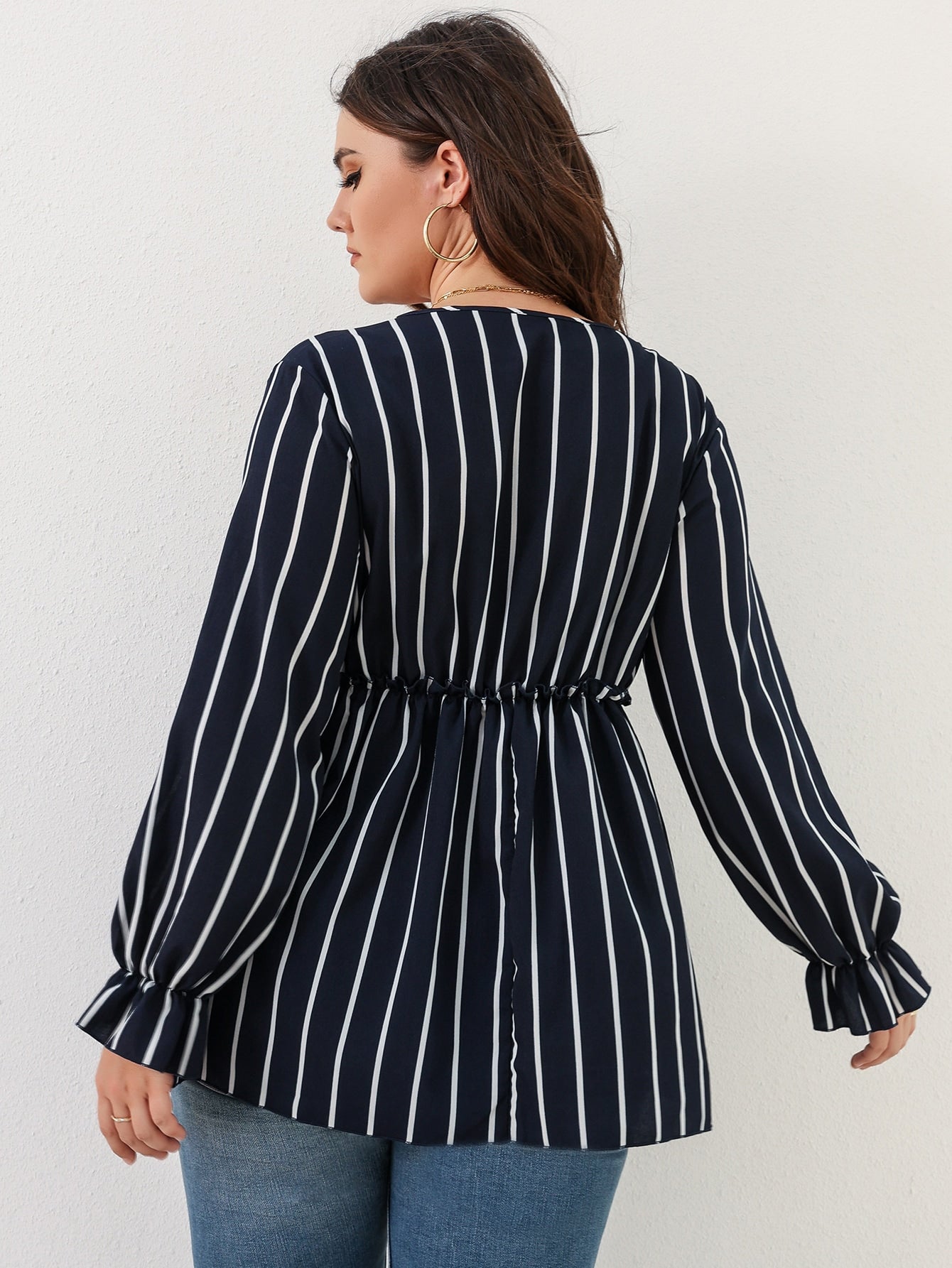 Plus Striped Print Flounce Sleeve Peplum Blouse