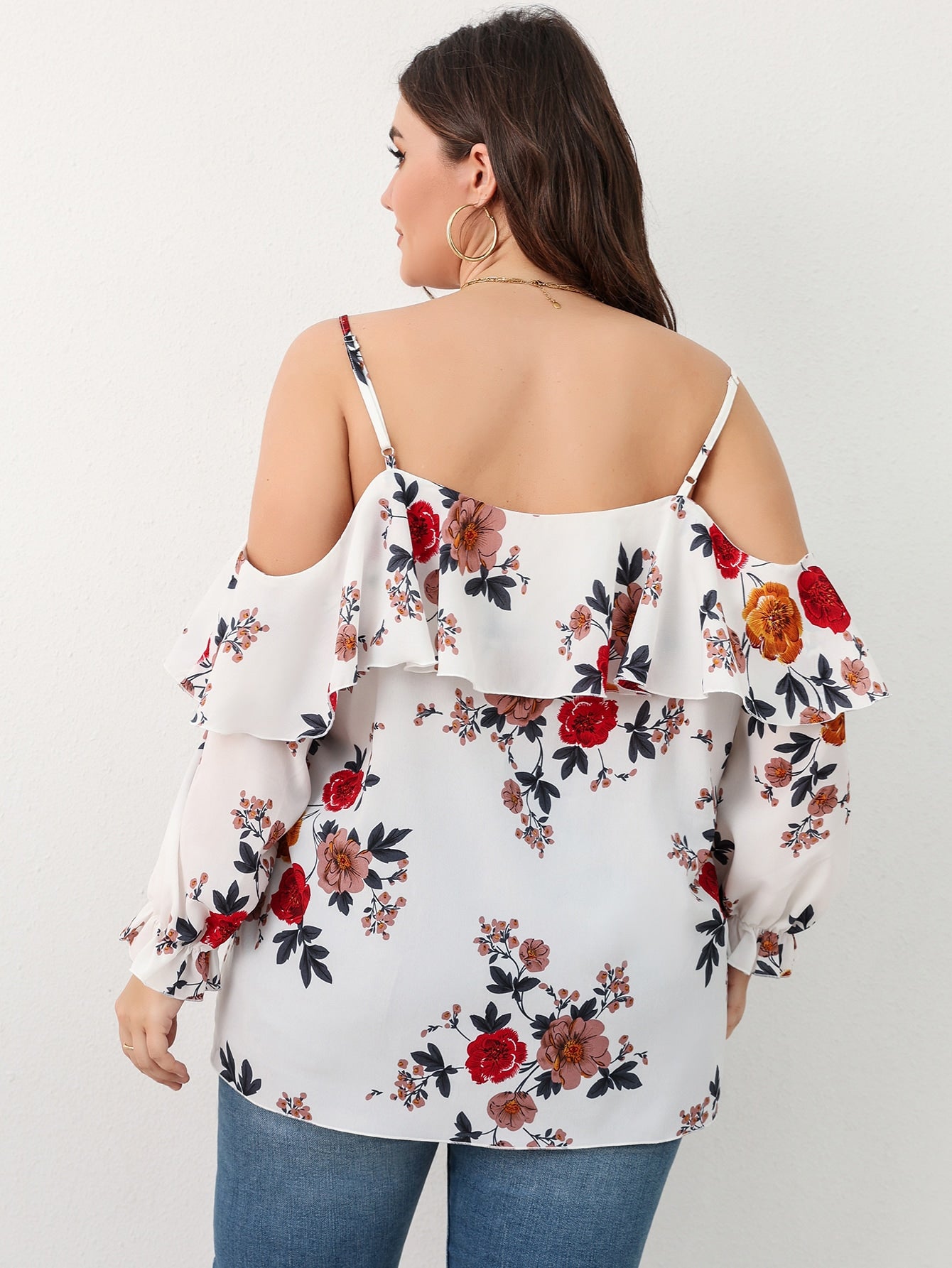 Plus Floral Print Cold Shoulder Flounce Sleeve Blouse