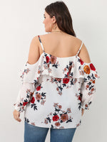 Plus Floral Print Cold Shoulder Flounce Sleeve Blouse